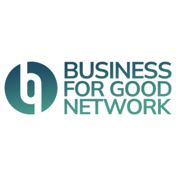 Business for Good Network logo with a stylised "b" symbol and gradient blue-green text.